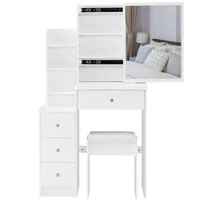 NicBex Space-Saving Vanity Set, Sliding Mirror Desk with Modular Shelves, 2-Drawer Makeup Table & Waterproof Stool for Studio/Apartment