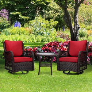 3-Piece Outdoor Wicker Rattan Swivel Rocking Chair Set With Armored Glass Side Table & Premium Cushions - 360° Swivel Patio Furniture - 1 of 4