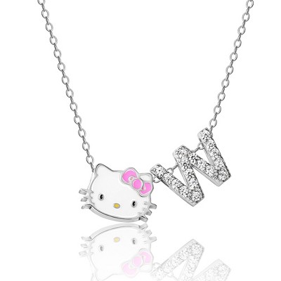 Sanrio Hello Kitty Enamel Pink Cubic Zirconia Necklace - 18 Chain, Authentic Officially Licensed - White, Pink