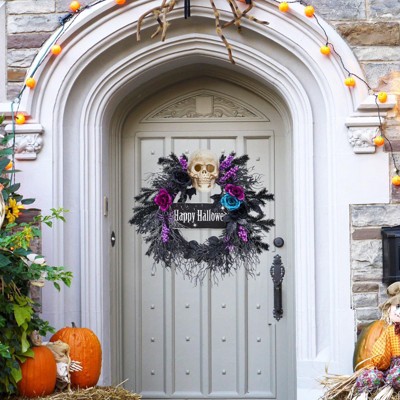 22'' Halloween Wreath, Artificial Halloween Skull Wreath with 3 Color Roses, Purple Halloween Door Wreath Decorations , Halloween Door