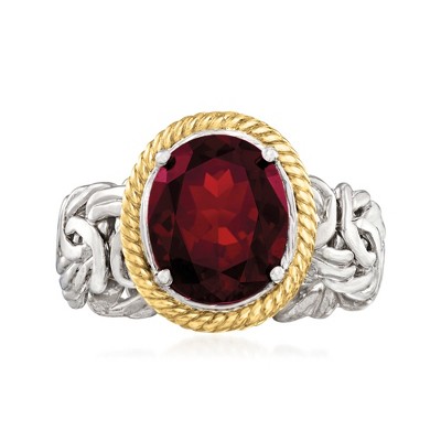 Ross-Simons 3.40 Carat Garnet Byzantine Ring in Sterling Silver and 14kt Yellow Gold