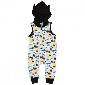 Kids Batman Symbols and Logos All Over Print Sleeveless Hooded Romper - 1 of 3
