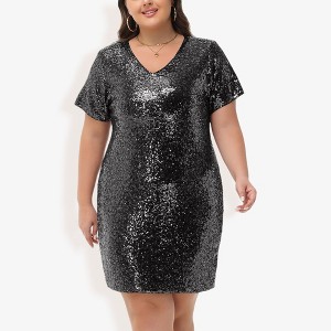 Anna-Kaci Women's Plus Size V-Neck Short Sleeve Sequin Party Dress - 1 of 4