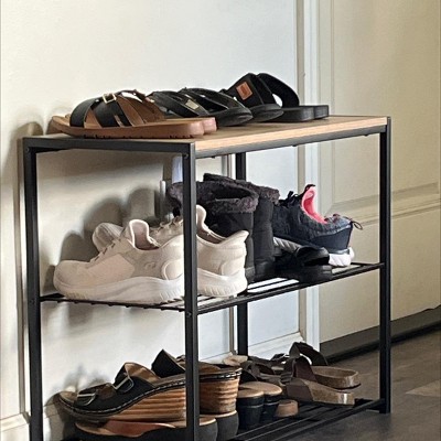 3 Tier Shoe Rack Black Metal with Natural Wood - Brightroom™ : Target
