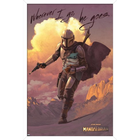 Mandalorian poster season three shows bounty hunter holding Baby Yoda