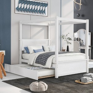 Full Size Modern Canopy Platform Bed with Trundle, Wood Frame with Headboard, Curtain Rails, No Box Spring Needed - 1 of 4