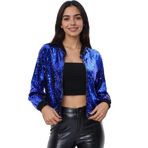 INSPIRE CHIC Women's Party Sequin Sparkle Long Sleeve Cropped Length Zipper Bomber Jacket - 1 of 4