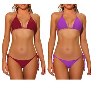 INSPIRE CHIC Women's Halter Tie Side Low Waist Triangle Bottom Basic Bikini Sets 2 Sets - 1 of 4