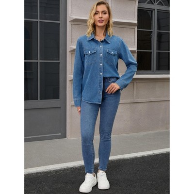 INSPIRE CHIC Women's Jean Long Sleeve Button Down Lightweight Denim Western Shacket with Pockets Blue XX-Large — фото 3