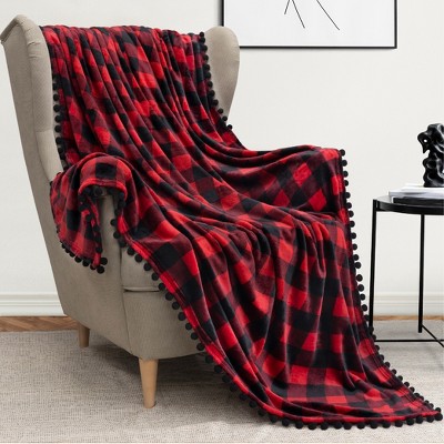 Pom Pom Fringe Twin Fleece Blanket in Plush Red