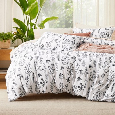 Bedsure | 2/3 Pcs Floral Printed Reversible Sage Green Comforter Set Queen Size Soft Designed Plants Pattern Bedding Set