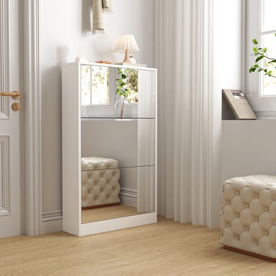 Mirror Shoe Cabinet With Flip Drawers, Narrow Hidden Shoe Storage Cabinet, Freestanding Shoe Rack for Closet Hallway Entryway Small Spaces