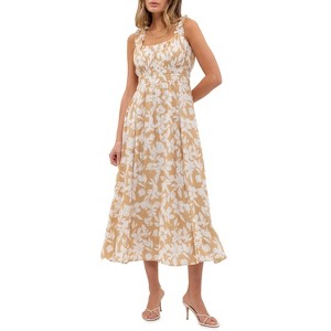 August Sky Women's Wide Straps Ruched Bodice Floral Midi Dress - 1 of 4