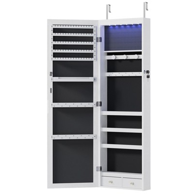 JIONJOY 6 LEDs Jewelry Cabinet Armoire Wall Door Mounted Large Organizer with Full-Length Mirror | White