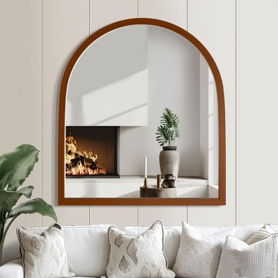 35"x31" Arched Bathroom Mirror with with Hanging Hooks, Wood Frame and HD Images, Wall Mounted Vanity Mirror for Bedroom Living Room Entryway, Walnut