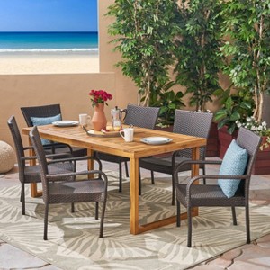 Mayhill 7pc Acacia Wood and Wicker Dining Set: Weather-Resistant, Patio Furniture - Christopher Knight Home - 1 of 4