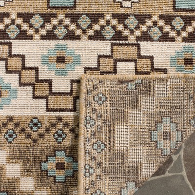 Cream and Brown Floral Synthetic Round Washable Rug