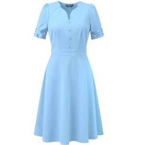 INSPIRE CHIC Women's Elegant V Neck Puff Short Sleeve Work Office Flared Dresses - 1 of 4