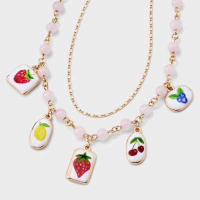 Fruit Charm with Semi Precious Rose Quartz Necklace - Universal Thread™ Gold/Pink: 16" Chain, Lobster Clasp