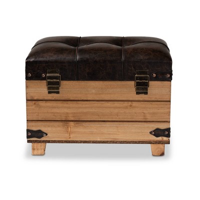 Edmund Rustic Oak Brown Faux Leather Storage Ottoman
