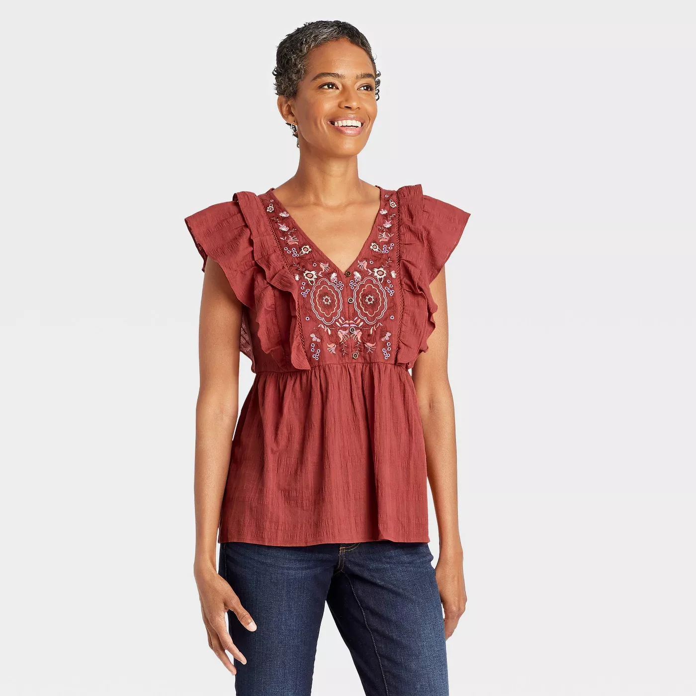 Women's Embroidered Short Sleeve Double Ruffle Top - Knox Rose™ Rust - image 1 of 4