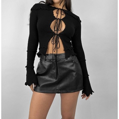 Women's Tie Front Ruffle Knit Long Sleeve Top - OLIVACEOUS