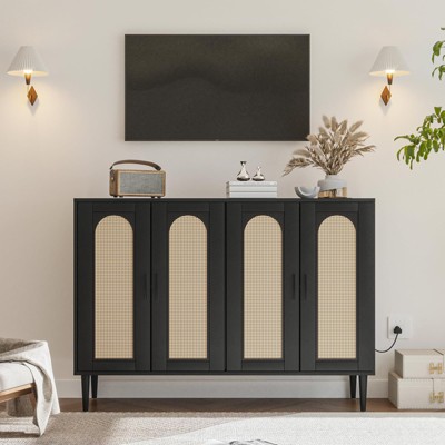 Rattan Sideboard Buffet Cabinet, 4 Doors Accent Storage Cabinets, Console Table Coffee Bar with Power Outlet