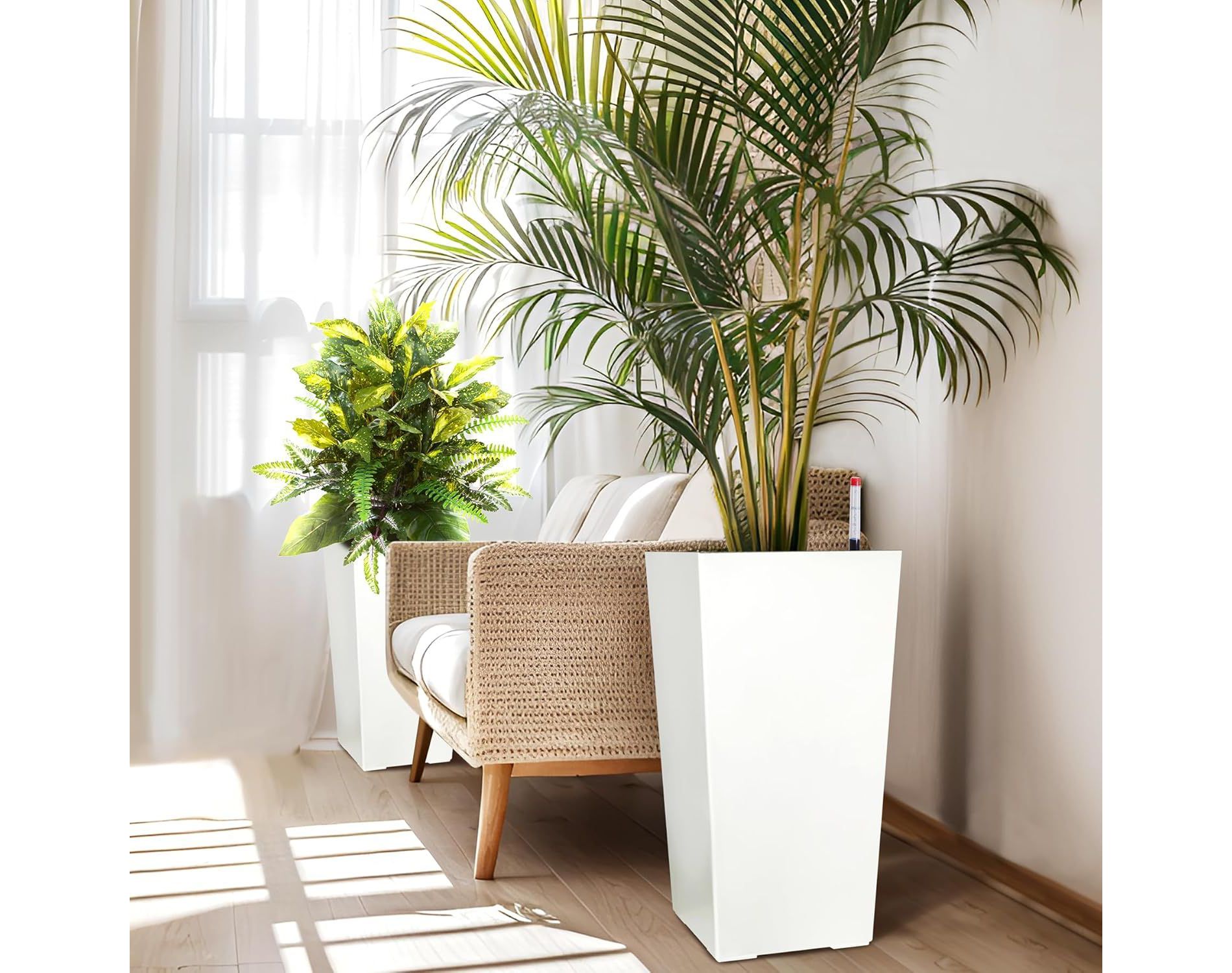 Acekool 22 in Tall Planters, Set of 2 | White Planter Pots with Drainage, Inner Bucket, Water Level Monitor and Self Watering for Indoor Outdoor
