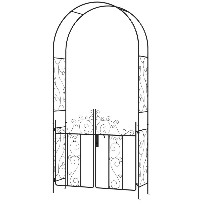 Outsunny 89.25" Metal Garden Arch with Gate, Garden Arbor Trellis for Climbing Plants, Roses, Vines, Wedding Arch, Black, 4 of 7