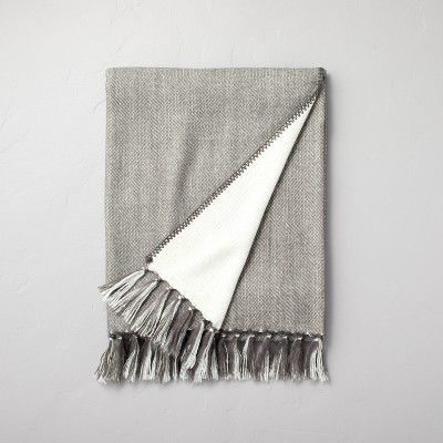Simple Center Stripe with Knotted Fringe Throw Blanket Gray/Cream - Hearth & Hand™ with Magnolia