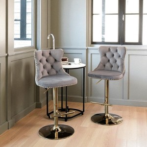 Mshliw Set of 2 Adjustable Swivel Velvet Barstools with Backrest, Tufted Upholstered Counter Chairs with Gold Base for Kitchen Island and Home Bar - 1 of 4