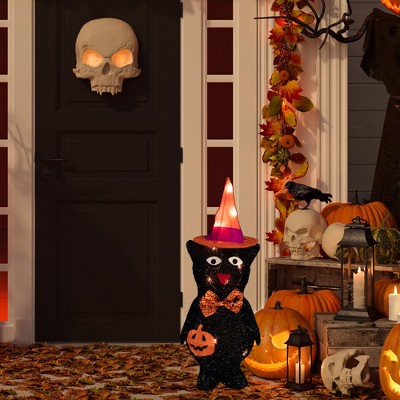 24" Pre-Lit Black Cat in Witch Hat Halloween Yard Decoration