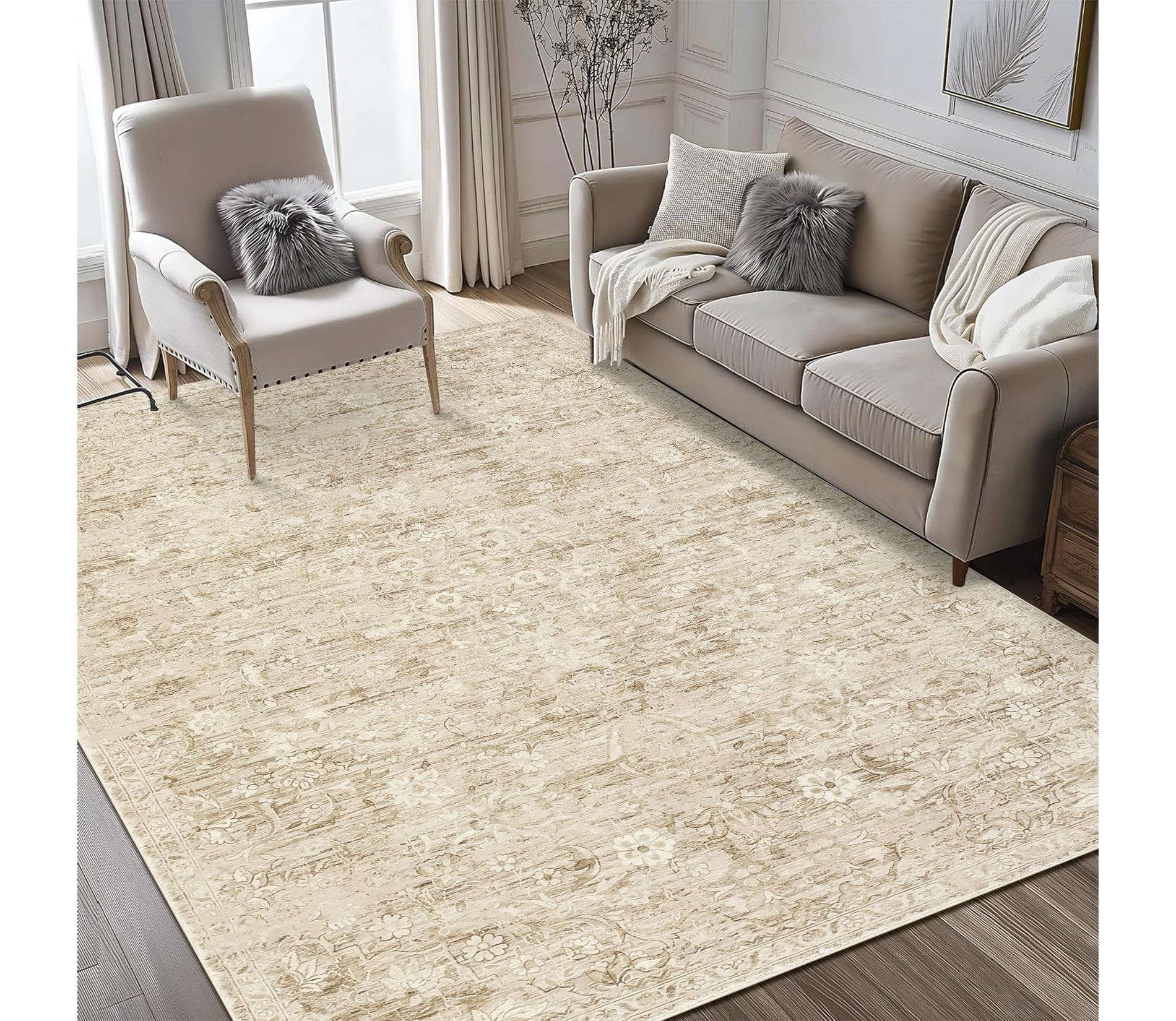 10x13 Washable Rug Large Area Rug for Living Room Soft Non-Slip Backing Stain Resistant & Low Pile Vintage Floral Floor Carpet