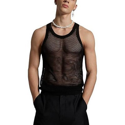Acekool Men's Mesh Tank Top, Fitted Sleeveless mesh Muscle Shirt, See-Through Round Neck Clubwear