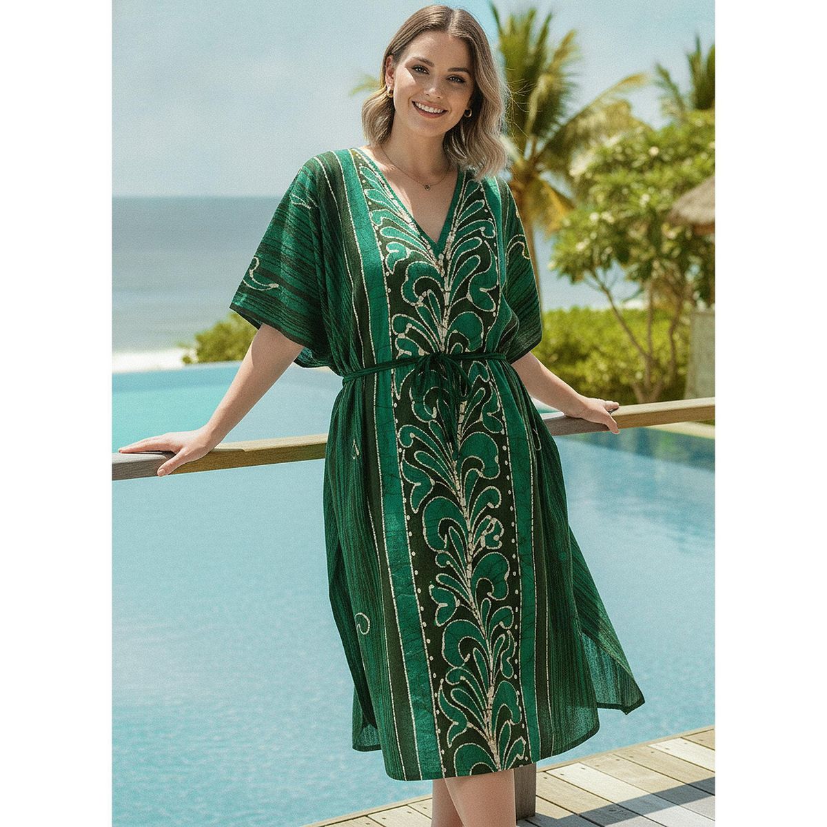 LA LEELA Summer Cotton Vacation Ready Tunic Dress for Women Resortwear Holiday Cruise Pregnancy Wear Beach Cover Up 2X-3X Green Paisley - thumbnail 4