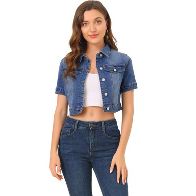 Allegra K Women's Casual Short Sleeves Crop Denim Jacket : Target