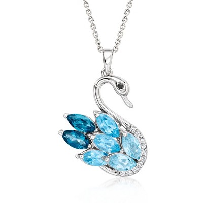Ross-Simons 4.80 ct. t.w. Tonal Blue and White Topaz Swan Pendant Necklace With Single Black Spinel in Sterling Silver Size 20