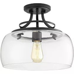 Franklin Iron Works Farmhouse Rustic Ceiling Light Semi Flush Mount Fixture LED Black Iron 13 1/2" Wide Clear Glass Dining Kitchen
