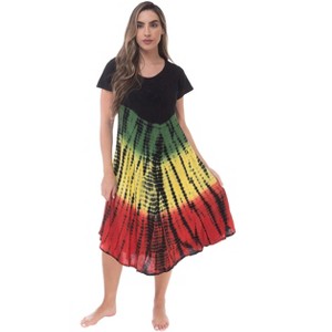 Riviera Sun Womens Tie Dye Summer Dress - Short Sleeve Beach Cover Up with Embroidery - Rasta Color Dresses for Women  - Red Green Yellow Black - 1 of 3