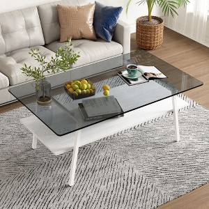 CAVINAS 38.6 Inch Modern Rectangle Coffee Table for Living Room,Side Center Table with Gray Tempered Glass Tabletop and Storage Shelf - 1 of 4