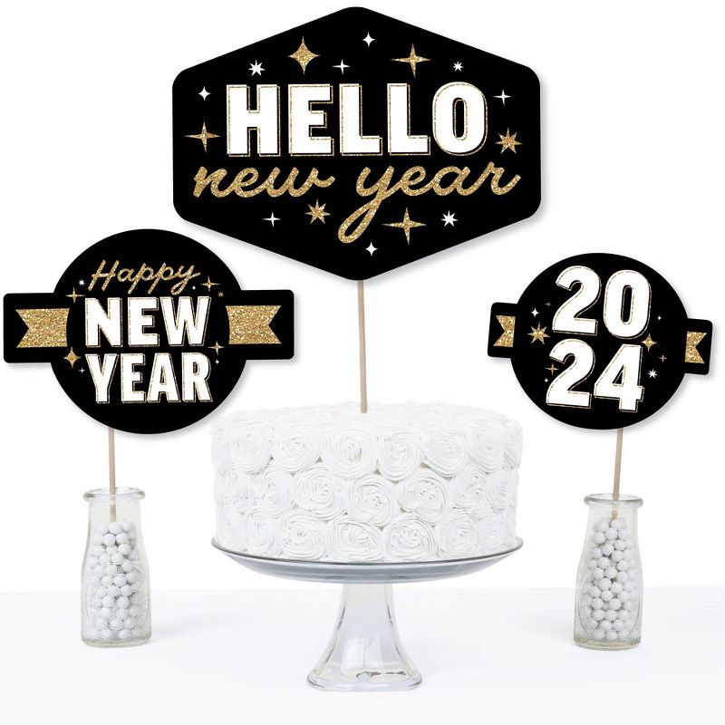 Big Dot of Happiness Hello New Year - 2024 NYE Party Centerpiece Sticks - Table Toppers - Set of 15, 5 of 9