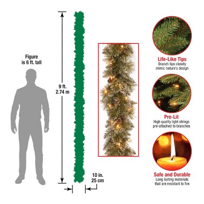 9 ft Green Glittery Bristle Pine Christmas Garland with White Lights