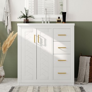 JUJABU 30'' Freestanding Bathroom Vanity with Ceramic Sink, Solid Wood Base, 3 Drawers & Soft-Close Doors for Bathroom Storage - 1 of 4