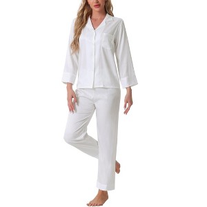 cheibear Women's Satin Loungewear Button Down Long Sleeve with Pants Silky Pajamas Sets - 1 of 4