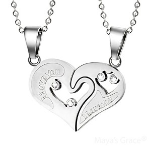 Maya's Grace Two Pieces Heart Shaped with I Love You Message Pendant and Couple Matching Necklace - 1 of 4