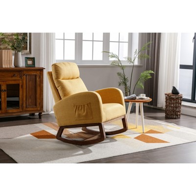 Okak Modern Rocking Accent Chair Armchair with Side Pocket and Wood Legs Comfy High Backrest Glider Chair for Bedroom Lounge Nursery, Yellow