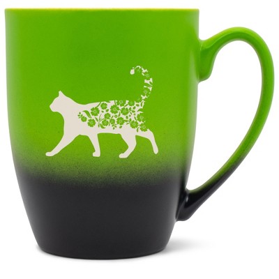 Elanze Designs Cat and Flowers 12 Ounce Ceramic Laser-Etched Engraved Drinkware Mug, Green and Black Ombre