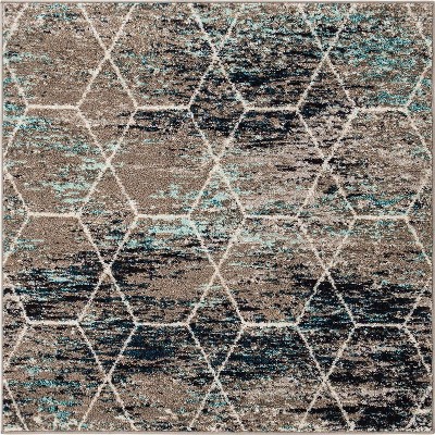 4 ft Square Blue Multi Trellis Synthetic Area Rug