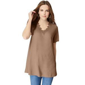 Roaman's Women's Plus Size V Neck Pointelle Tee - 1 of 4