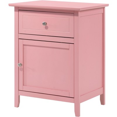 Pink Solid Wood 1-Drawer Nightstand with Door
